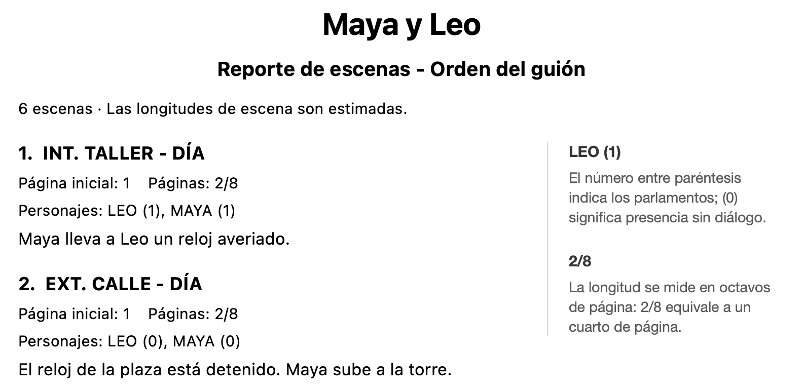 Fragmento del reporte real de Maya y Leo: escenas, páginas, personajes y sinopsis
